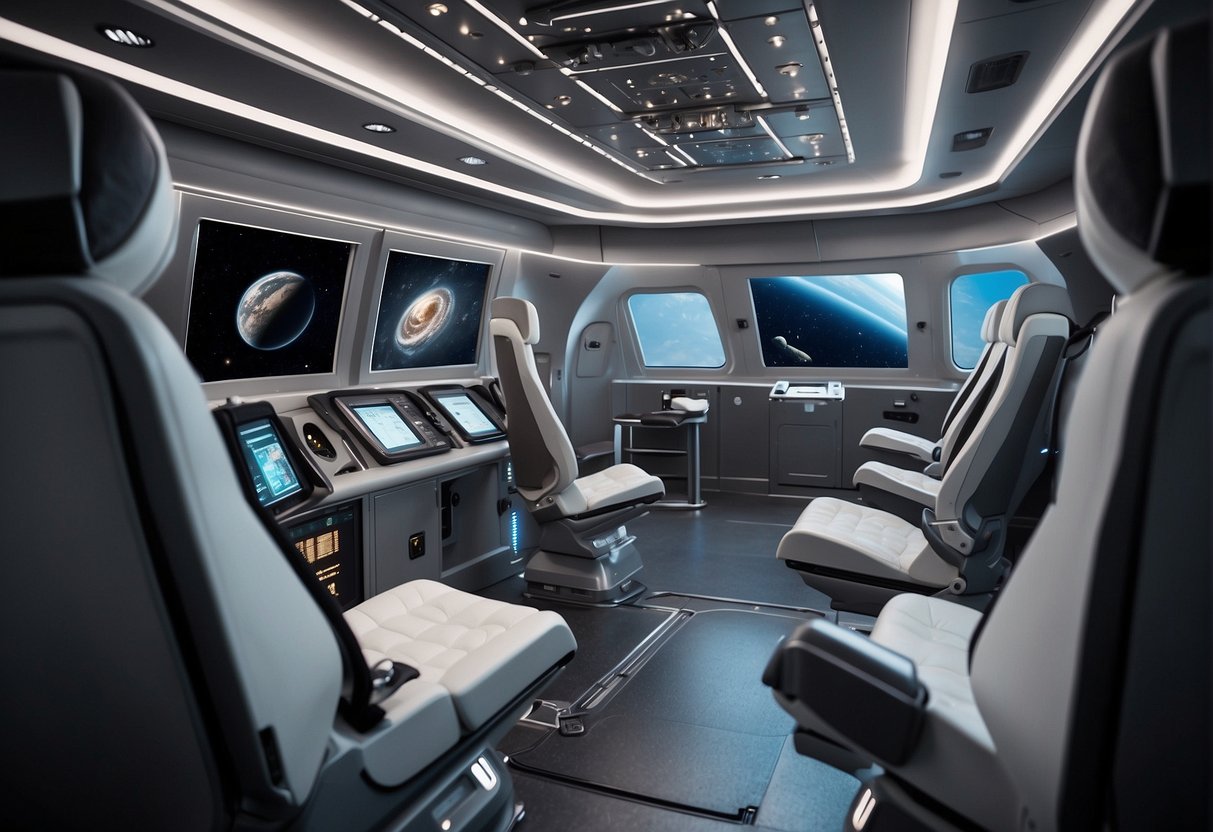 A spacious, clutter-free spacecraft interior with ergonomic seating and easily accessible storage compartments. Clear signage and intuitive controls aid navigation in microgravity