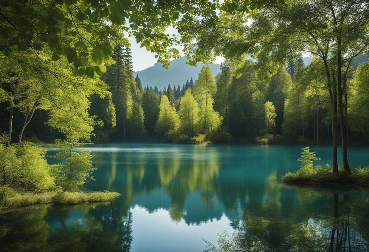 A serene landscape with a clear blue sky, a calm lake, and a flourishing forest, symbolizing stability and assurance for investors