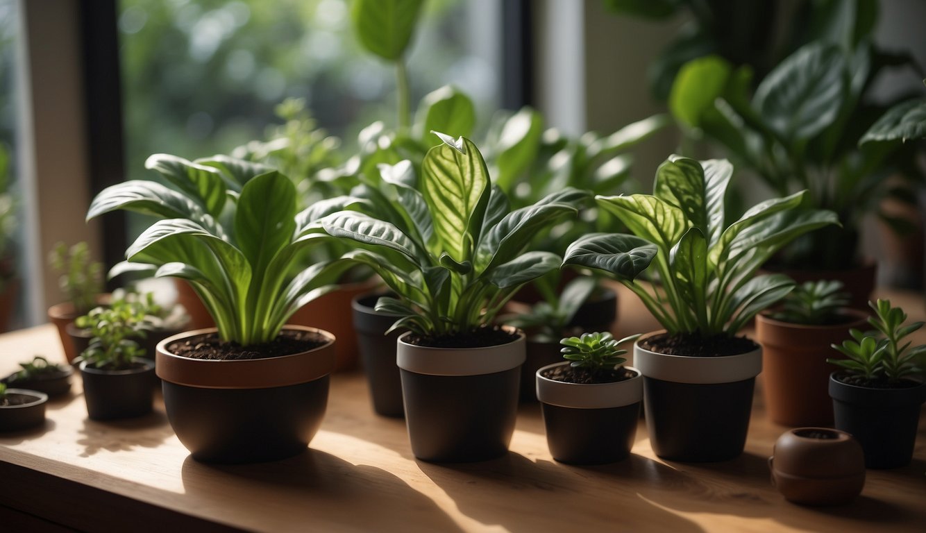 A pair of healthy Calathea Orbifolia and Lancifolia plants sit on a table, surrounded by small pots, soil, and gardening tools.

A gardener carefully selects and trims healthy stems for propagation