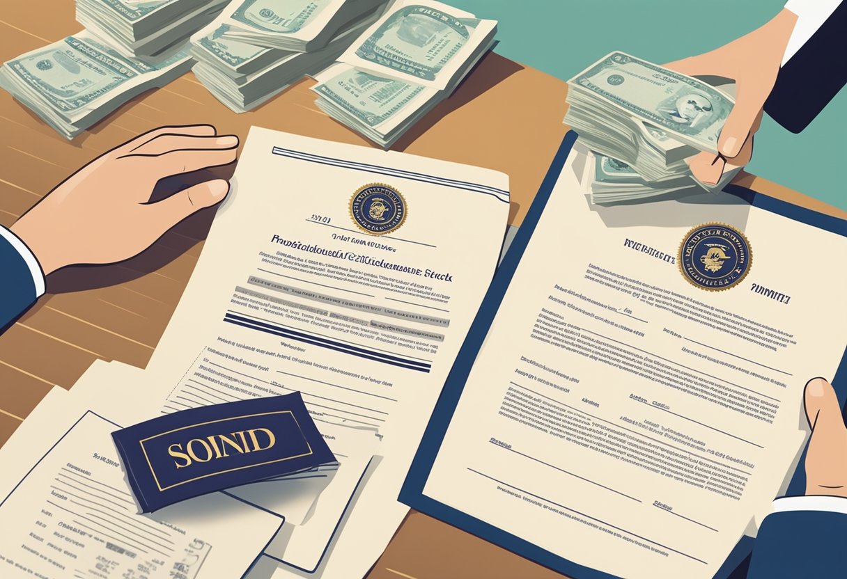 A certificate with a seal and official stamp sits on a desk, surrounded by financial documents and a confident investor's hand reaching for it