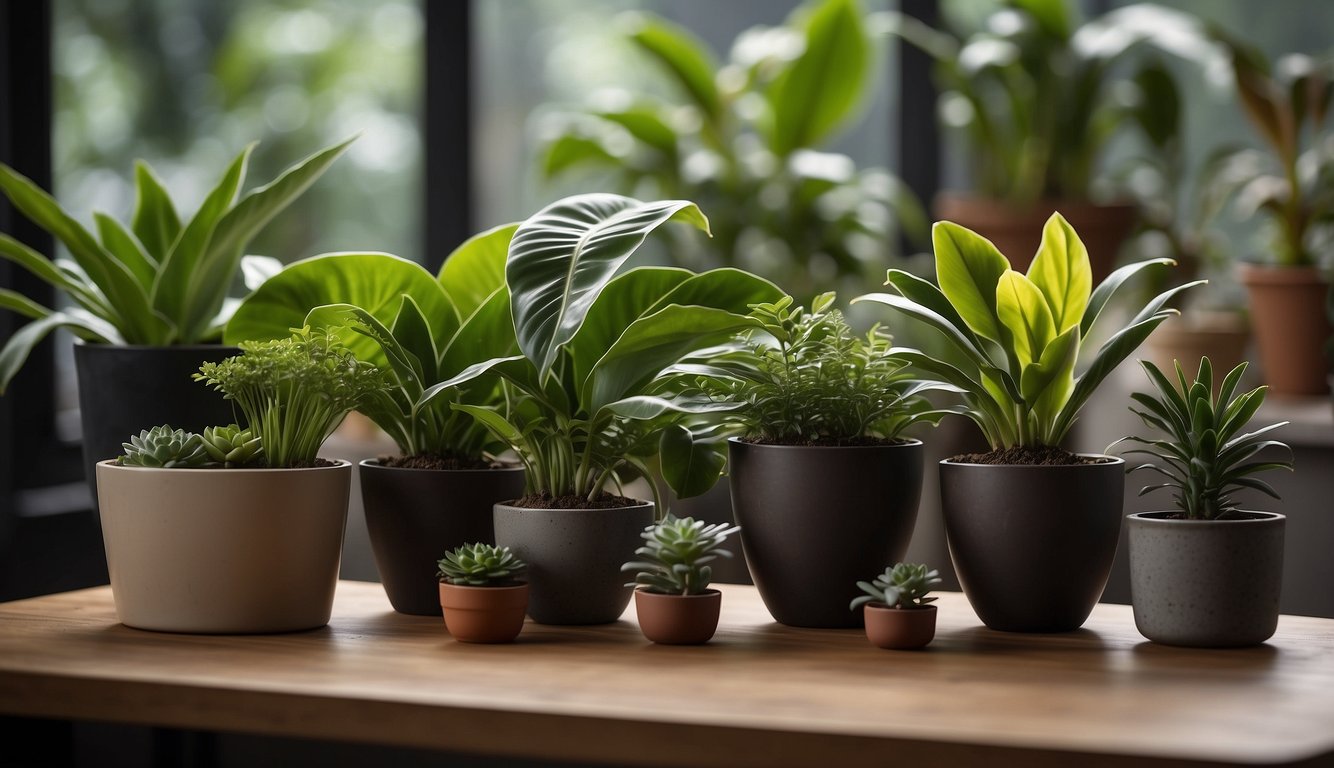 A table with various pots of Calathea Orbifolia and Lancifolia, along with soil, plant clippings, and propagation tools