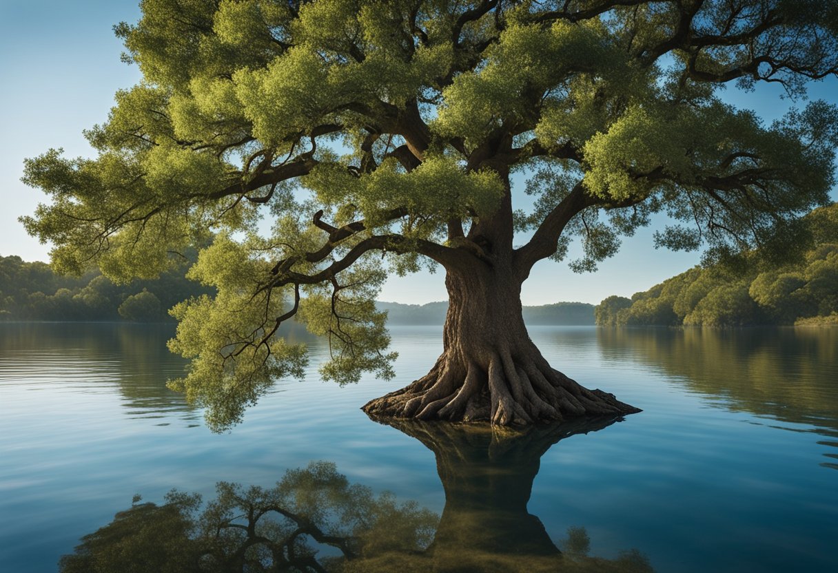 A serene landscape with a sturdy oak tree standing tall, surrounded by calm waters and a clear blue sky, symbolizing stability and trust for investors