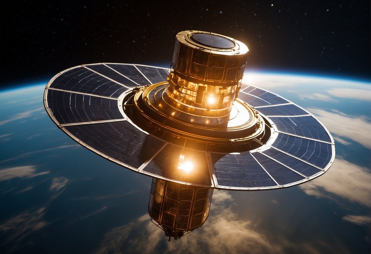 A spacecraft's solar panels absorb sunlight, converting it to energy as it orbits the Earth. Panels extend from the spacecraft, capturing the sun's rays