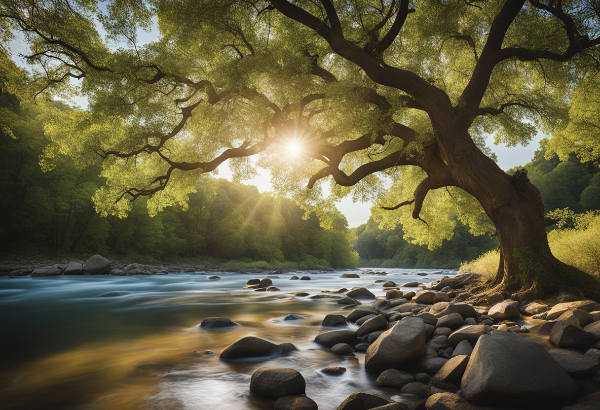 A serene landscape with a clear blue sky, a sturdy oak tree, and a flowing river, symbolizing stability and assurance for investors