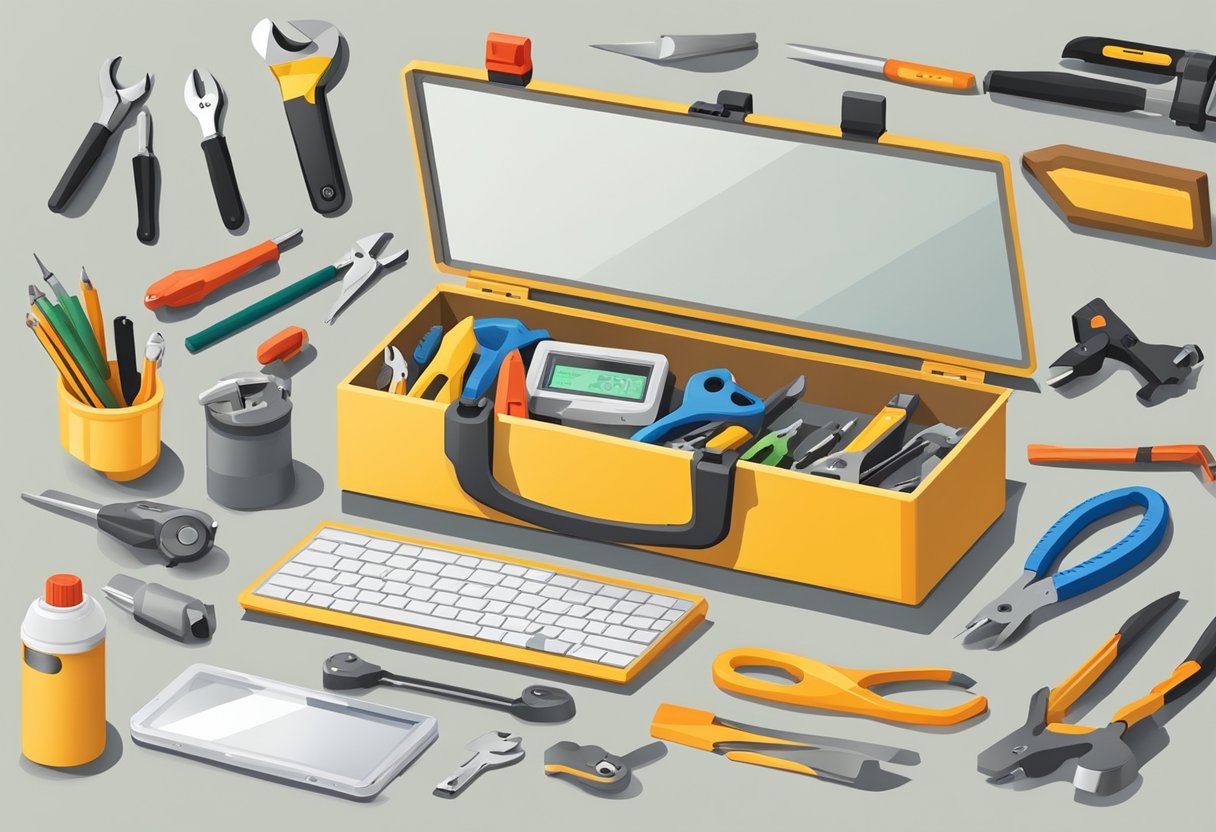 An open toolbox with a diy lcd touch screen and various tools scattered around on a workbench
