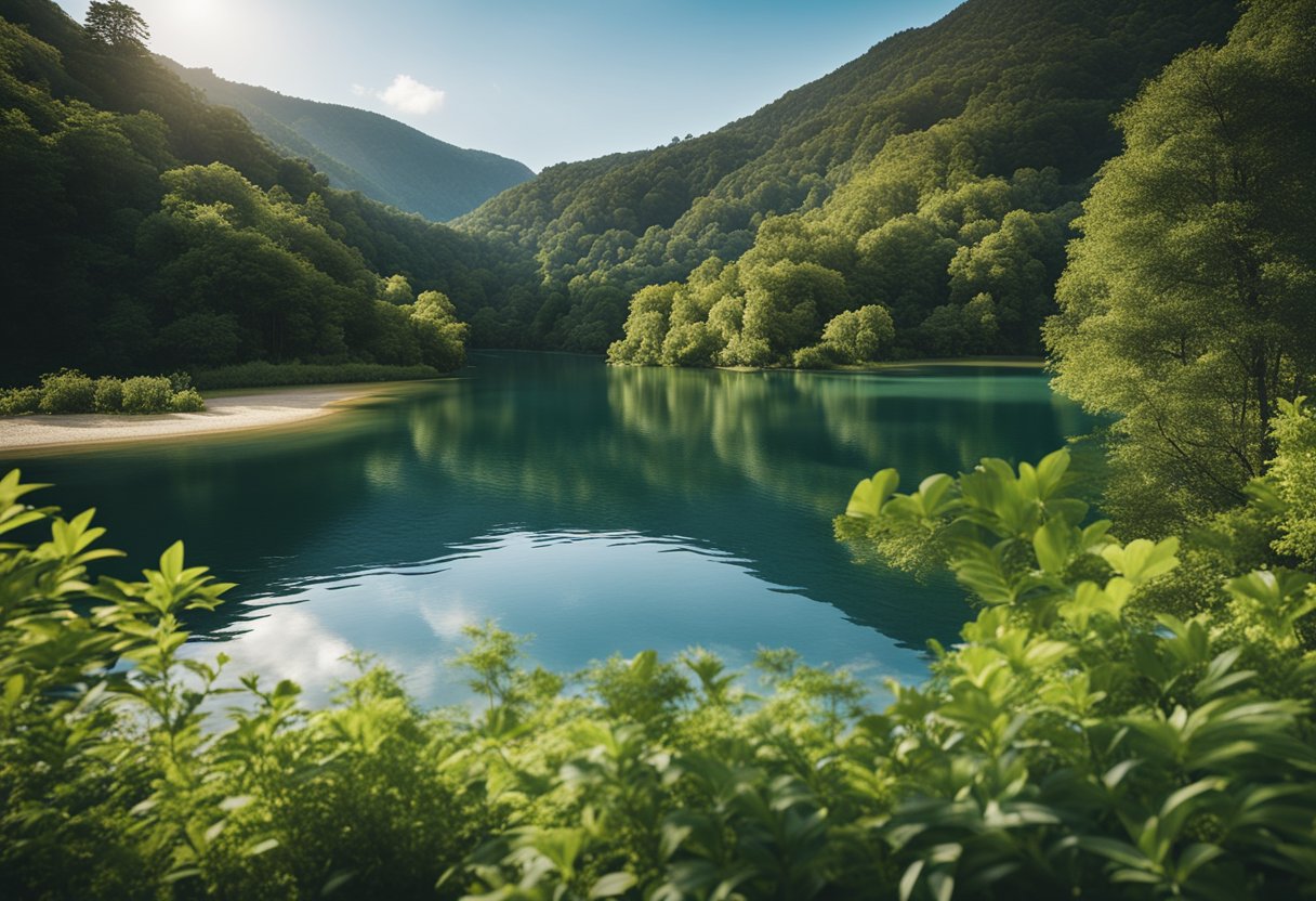 A serene landscape with a clear blue sky and a calm body of water, surrounded by lush greenery and a sense of tranquility