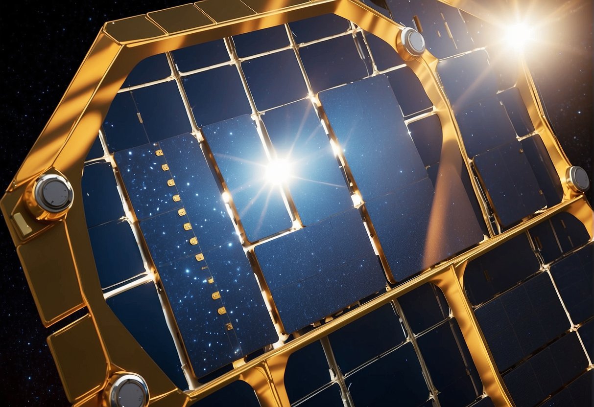 Solar panels gleaming in the sunlight, powering spacecraft in deep space exploration. Newly developed materials enhance efficiency and durability