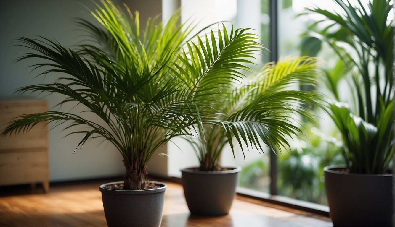 A mature Areca palm with healthy, vibrant fronds stands in a bright, well-lit room.

A smaller, potted Areca palm sits nearby, ready for propagation