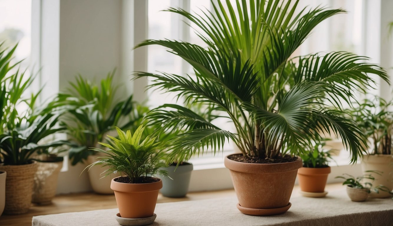 A mature Majesty Palm sits in a bright, airy room.

A young offshoot emerges from the base, surrounded by a few small pots and gardening tools
