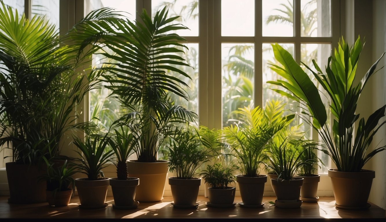 Lush indoor scene with Areca and Majesty palms in pots, surrounded by gardening tools and sunlight streaming through a window