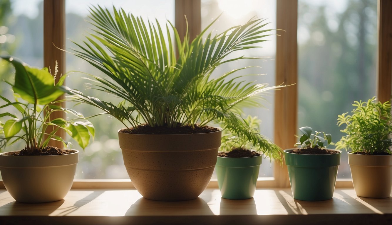 A bright, sunlit room with large windows.

A table holds pots, soil, and gardening tools. Areca and Majesty palm seeds are being planted and watered