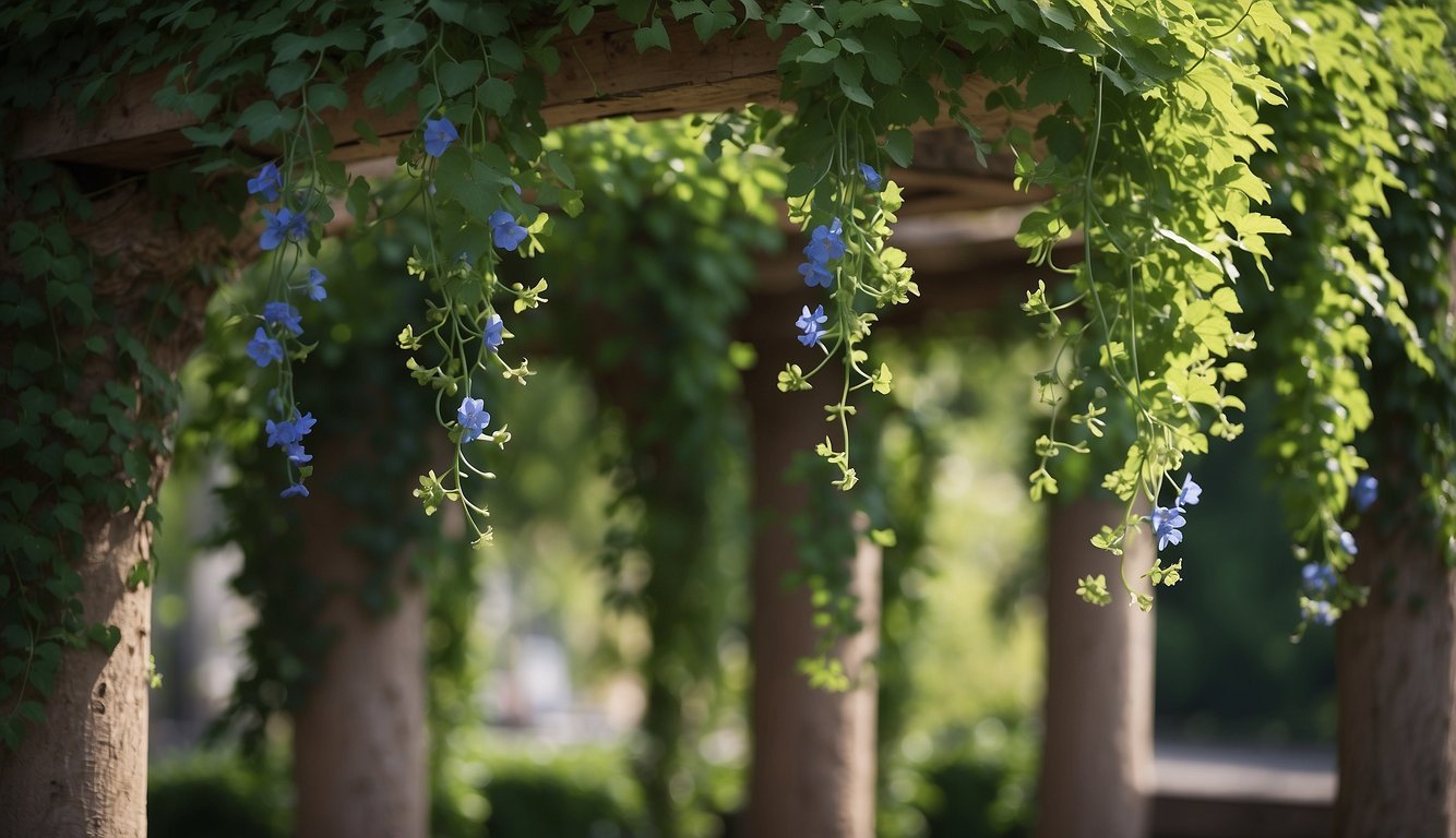 Lush green vines twine around a trellis, delicate tendrils reaching out.

Bright blue-green flowers cascade down, their exotic beauty captivating the eye