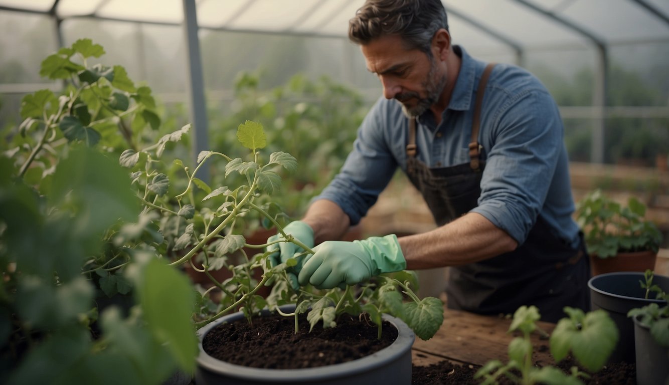 A gardener carefully cuts a healthy vine, places it in a pot of moist soil, and covers it with a plastic bag to create a humid environment for propagation