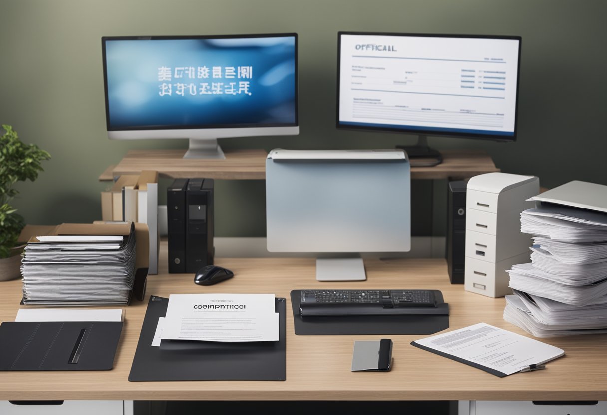 A desk with a computer, files, and a stack of official-looking documents. A "Good Standing Certificate" prominently displayed on the wall