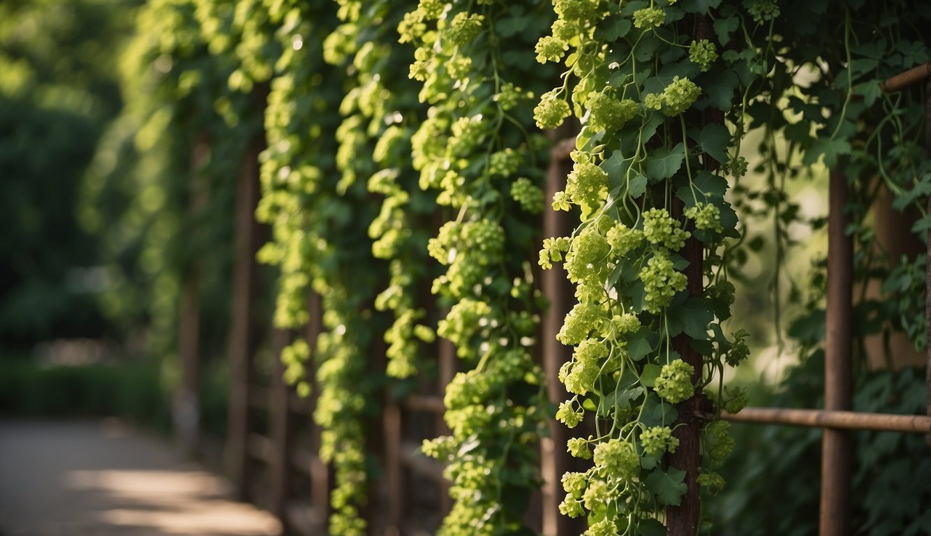 Lush green vines cascade from a sturdy trellis, delicate tendrils reaching out for support.

Bright green leaves and clusters of vibrant, waxy green flowers dangle from the vine, creating a stunning display of exotic beauty