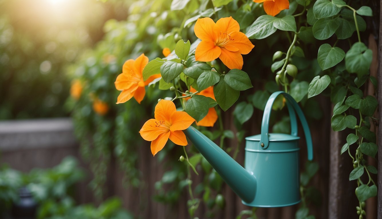 Vibrant green vine climbs trellis, delicate tendrils reaching out.

Bright orange flowers bloom in clusters, contrasting against lush foliage. A watering can and pruning shears sit nearby