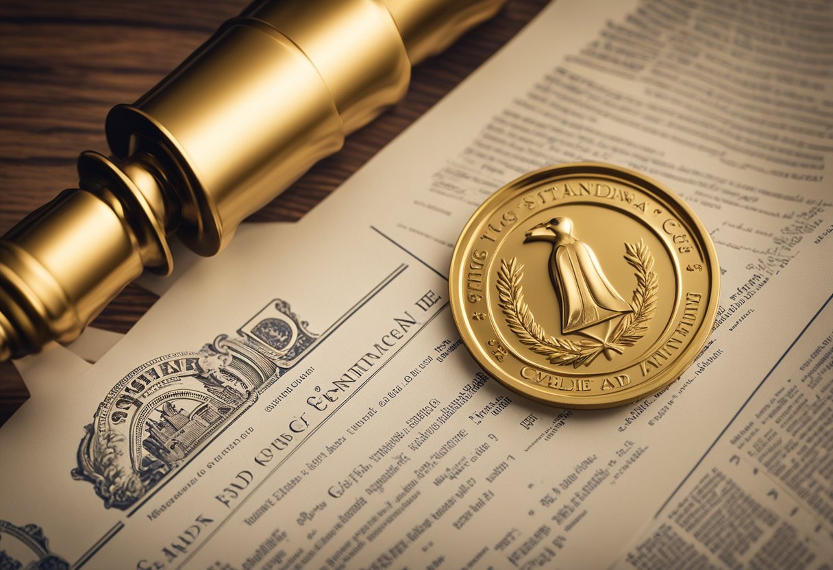 A golden seal embossed with "Good Standing Certificate" against a backdrop of legal documents and a scale, symbolizing compliance and trust