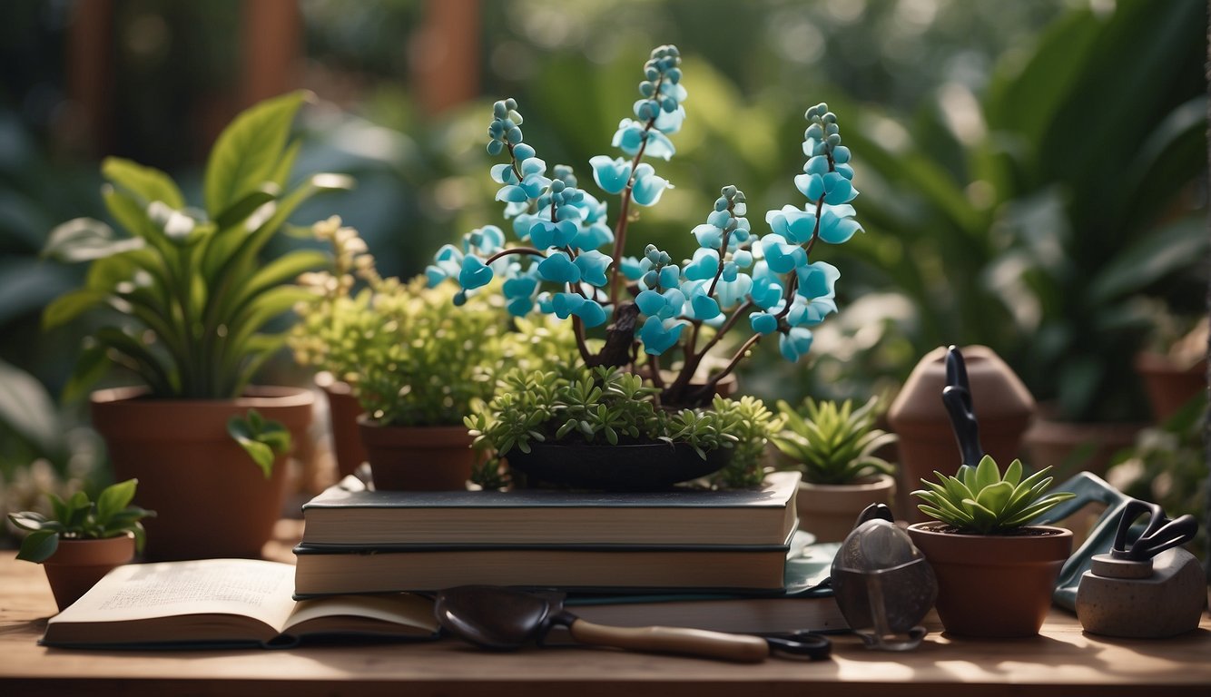 Exotic jade vine book surrounded by gardening tools and blooming plants.

Bright, natural light illuminates the scene