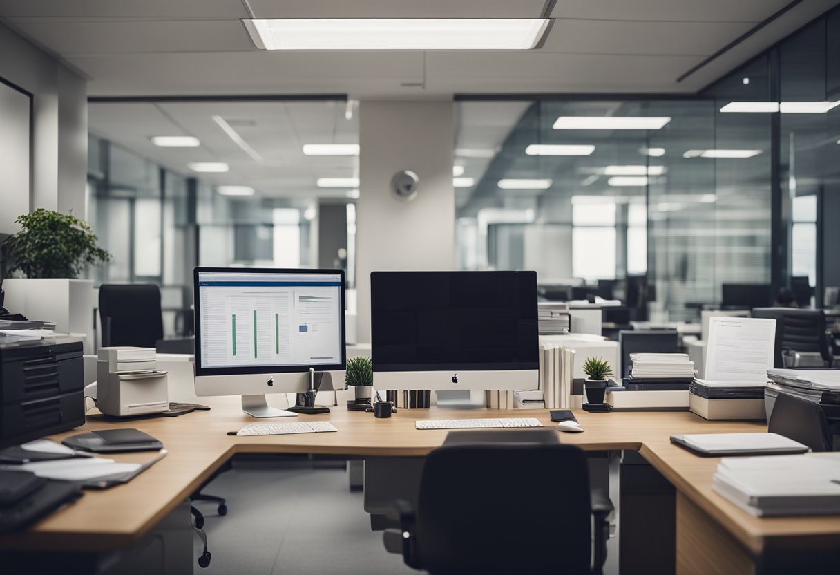 A business office with a prominently displayed good standing certificate on the wall, surrounded by files, computers, and a busy but organized workspace