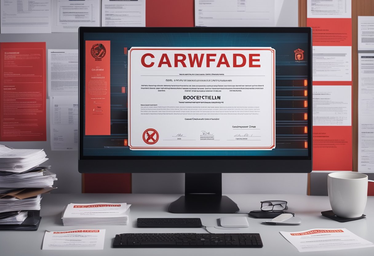 A desk cluttered with paperwork, a computer screen showing a red warning sign, and a stack of Good Standing Certificates on the side