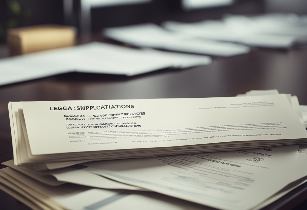 A stack of good standing certificates on a desk, surrounded by legal documents and a computer displaying compliance regulations