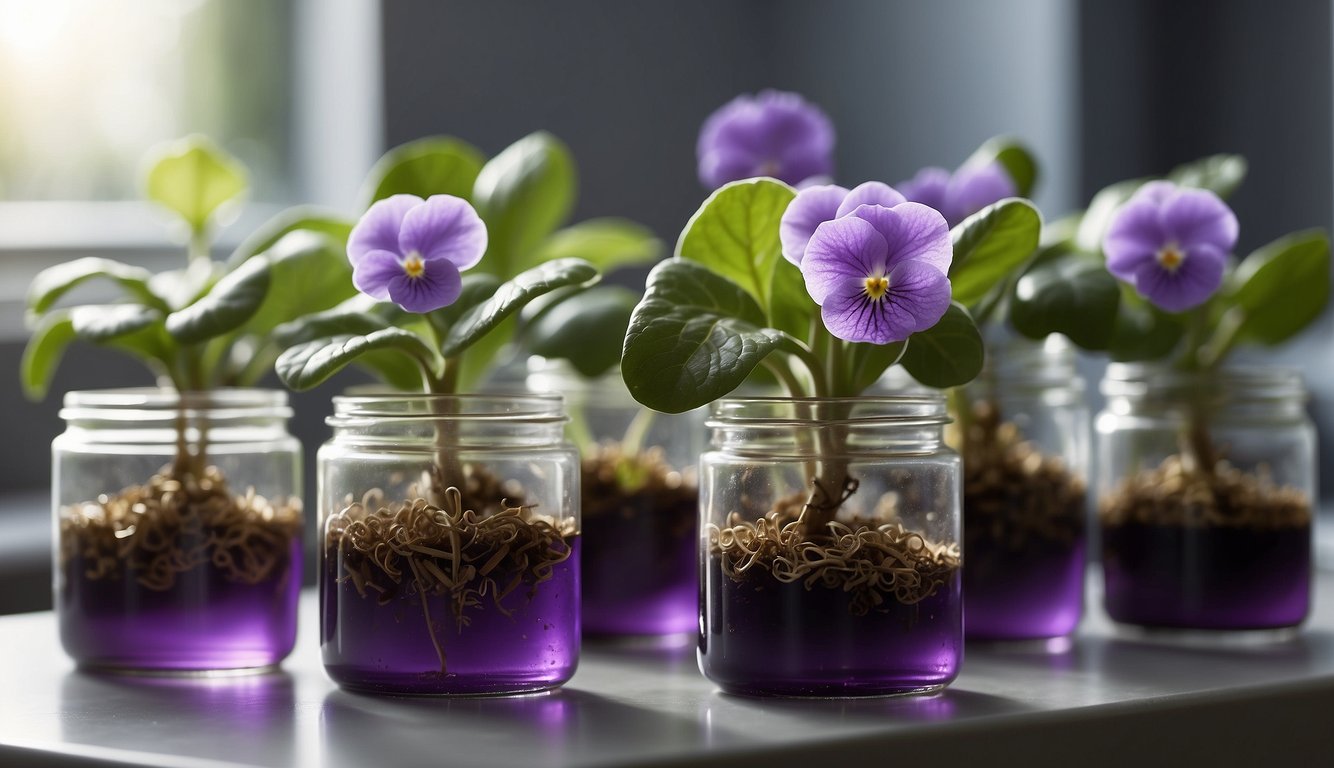 African violet leaves in water, rooting hormone, and small pots on a clean, well-lit surface
