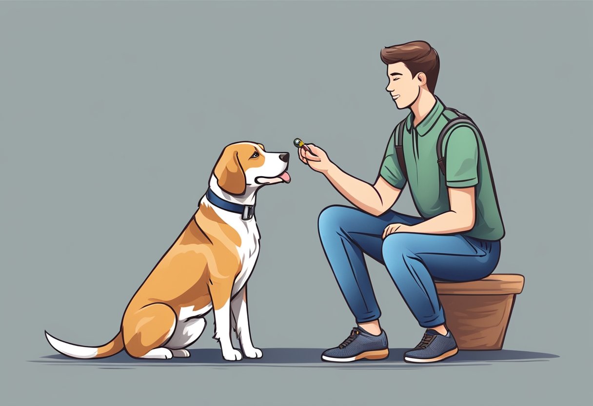 A dog sits attentively, focused on a clicker in the trainer's hand. The trainer rewards the dog with a treat for following the clicker's sound