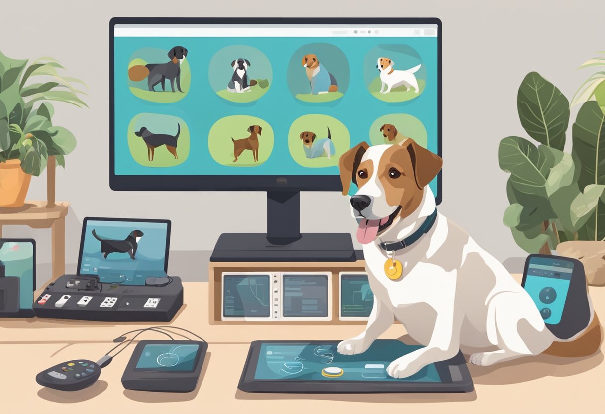 A dog sits in front of a screen, surrounded by various electronic training devices. A trainer holds a remote, demonstrating different methods