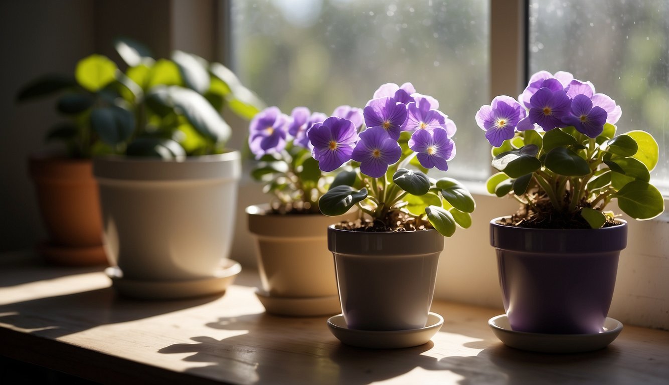 Bright sunlight filters through a window onto a table.

Small pots of African violet cuttings sit in a tray of water, ready for propagation. A pair of pruning shears and a container of soil are nearby