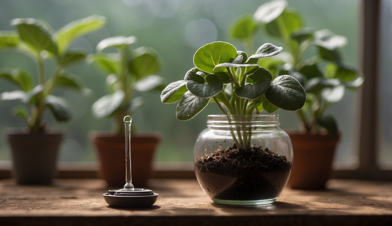 An African violet leaf is placed in a small pot of moist soil, with a clear glass covering to create a mini greenhouse.

A spray bottle sits nearby for misting