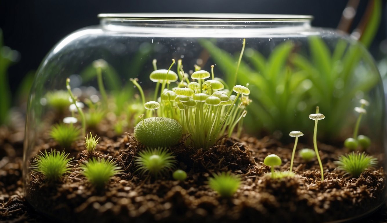 Venus flytrap seeds sprout in a moist terrarium.

Mature plants reach for sunlight, capturing insects with their toothy traps