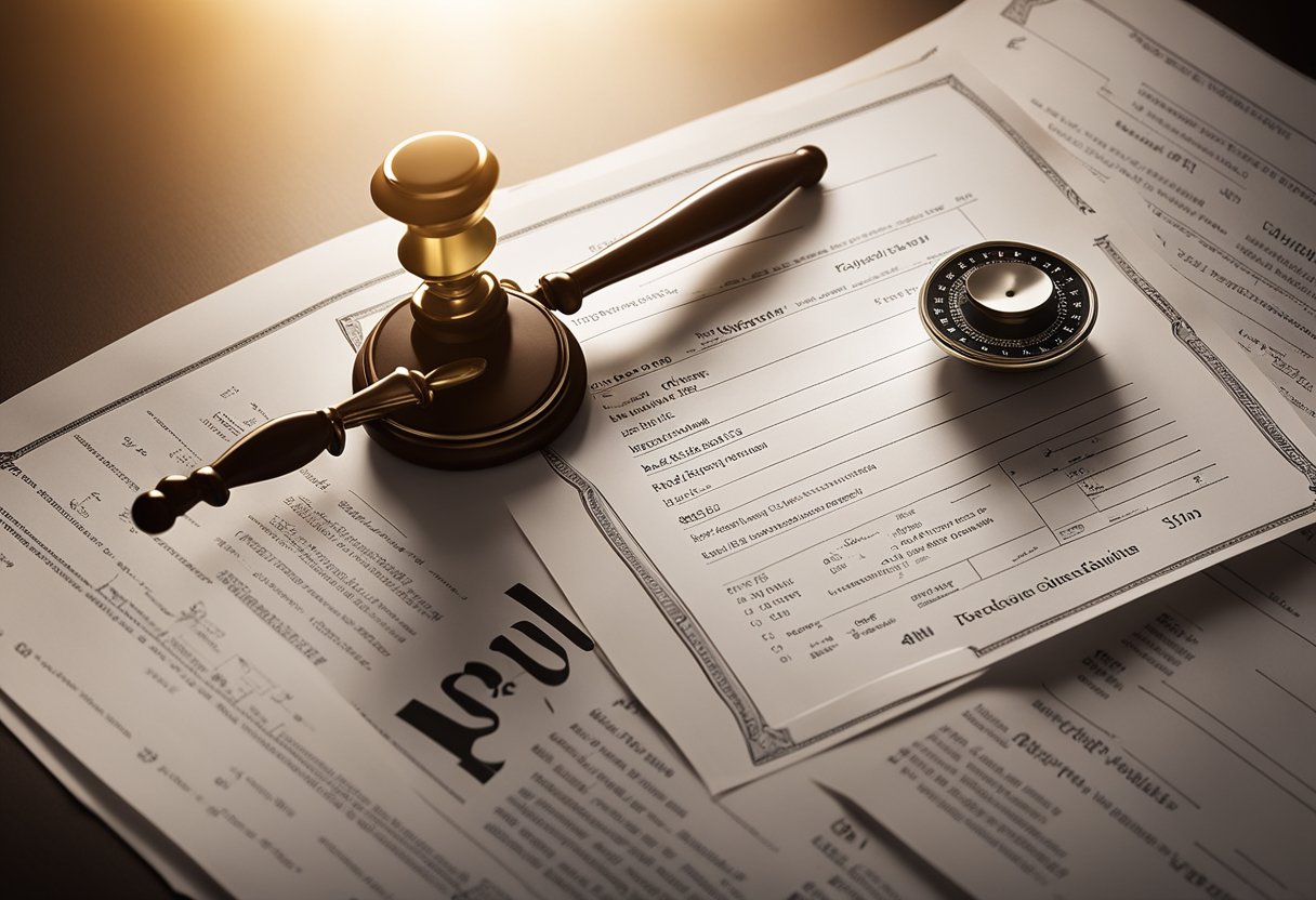 A certificate of good standing sits on a desk, surrounded by legal documents and a scale representing balance and trust. Rays of light shine down, symbolizing the importance and value of the document