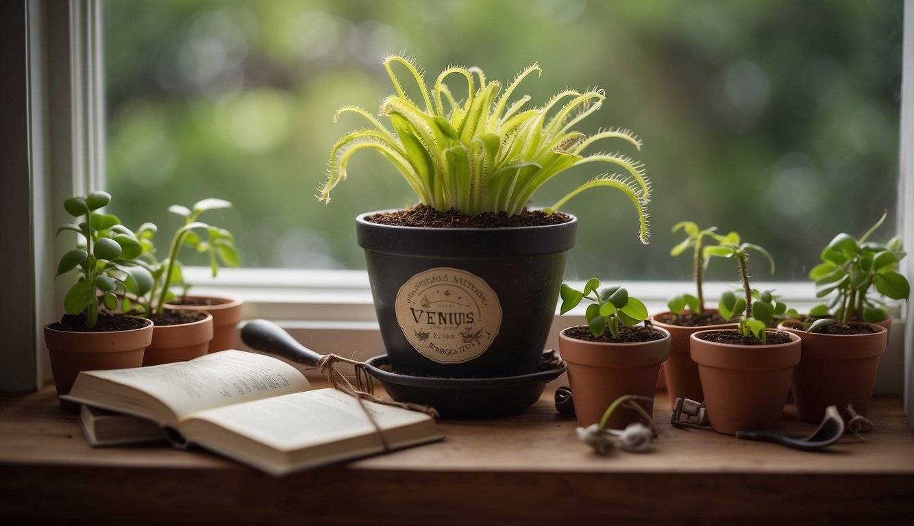 A Venus flytrap sits on a windowsill, surrounded by pots of soil and small gardening tools.

A book titled "Venus Flytrap Propagation" is open with highlighted text