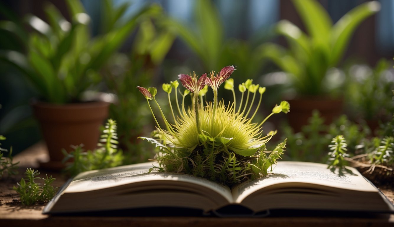 A Venus flytrap surrounded by smaller plants, with a book titled "Venus Flytrap Propagation" open nearby.

The flytrap is vibrant and healthy, showcasing its unique carnivorous nature