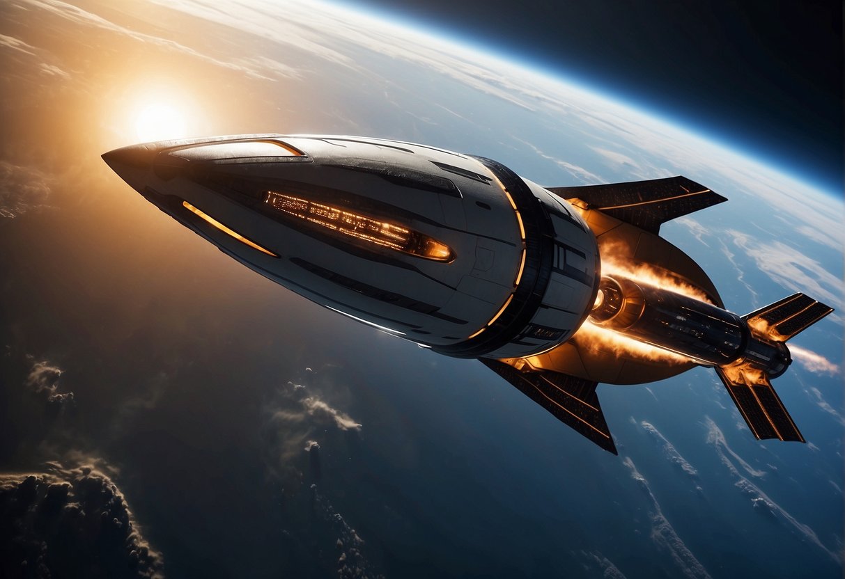 A sleek spacecraft hurtles through the Earth's atmosphere, its heat-resistant materials glowing as it withstands the intense friction of re-entry