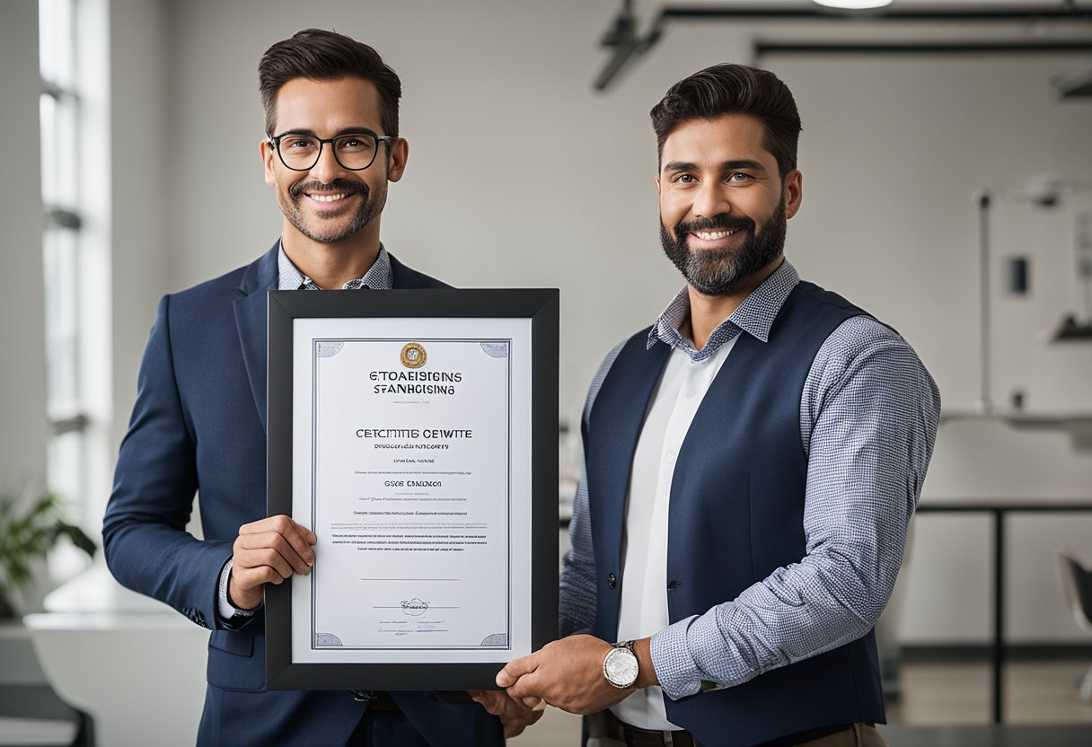 A business owner proudly displays a Certificate of Good Standing on their office wall, symbolizing trust, credibility, and good standing within the industry