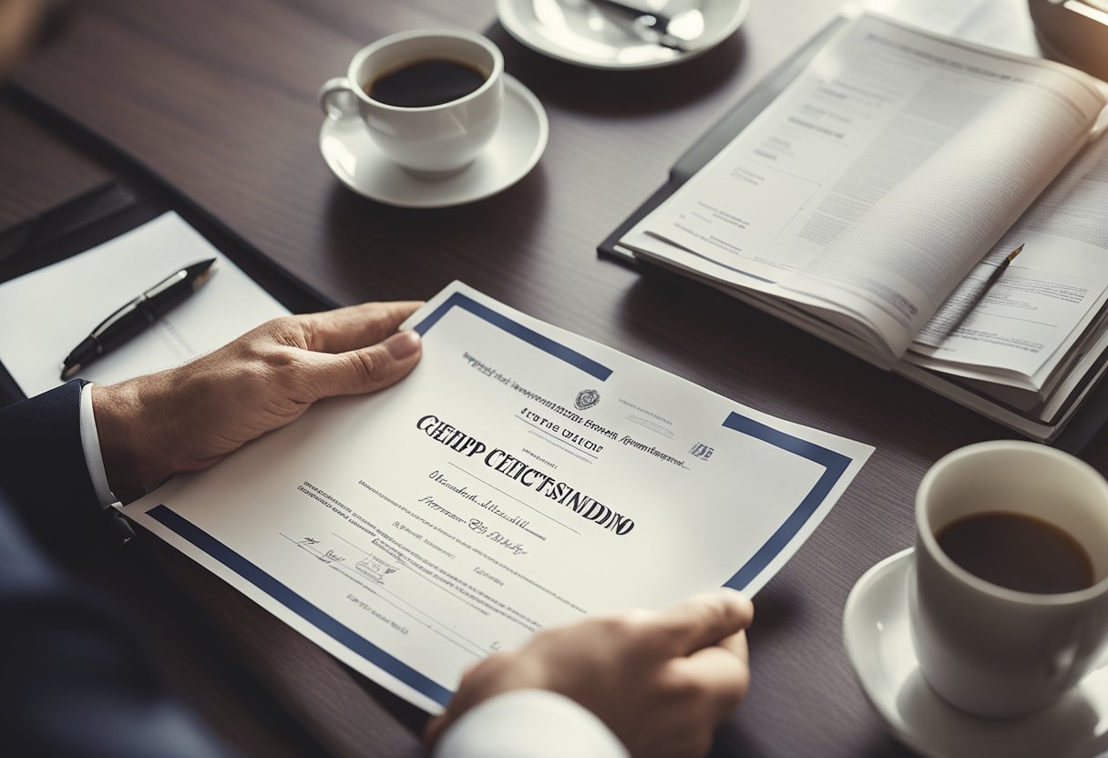 A hand reaches for a Certificate of Good Standing on a desk, surrounded by legal documents and a professional setting