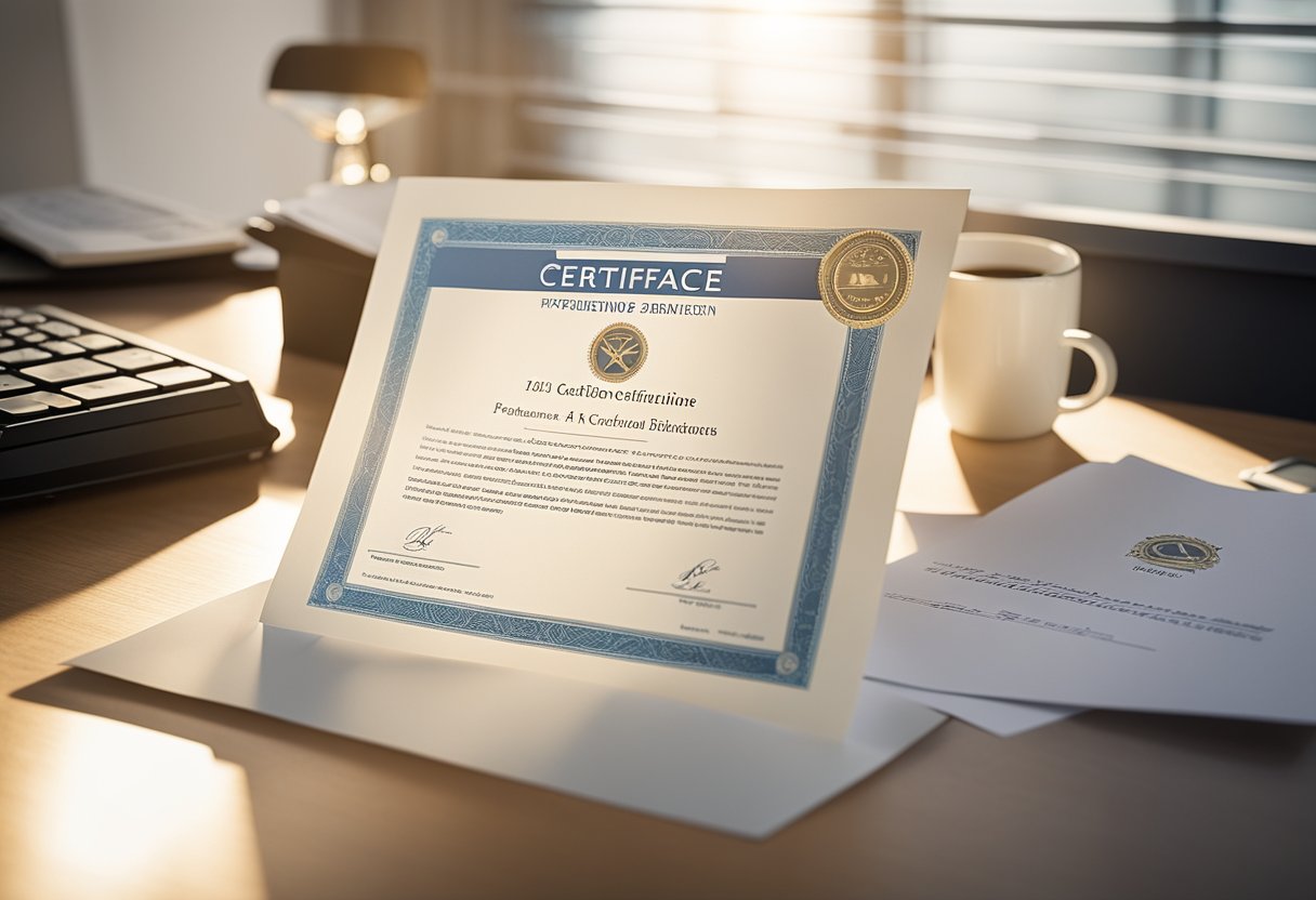 A business certificate sits atop a desk, surrounded by paperwork and a computer. Rays of sunlight stream in through a nearby window, casting a warm glow on the certificate