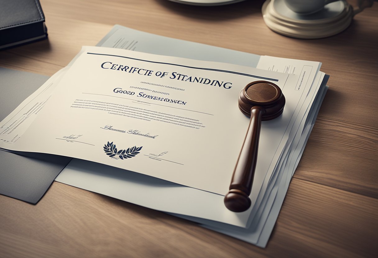 A certificate of good standing displayed prominently on a desk, surrounded by legal documents and a professional setting, symbolizing its importance and value in business and legal matters