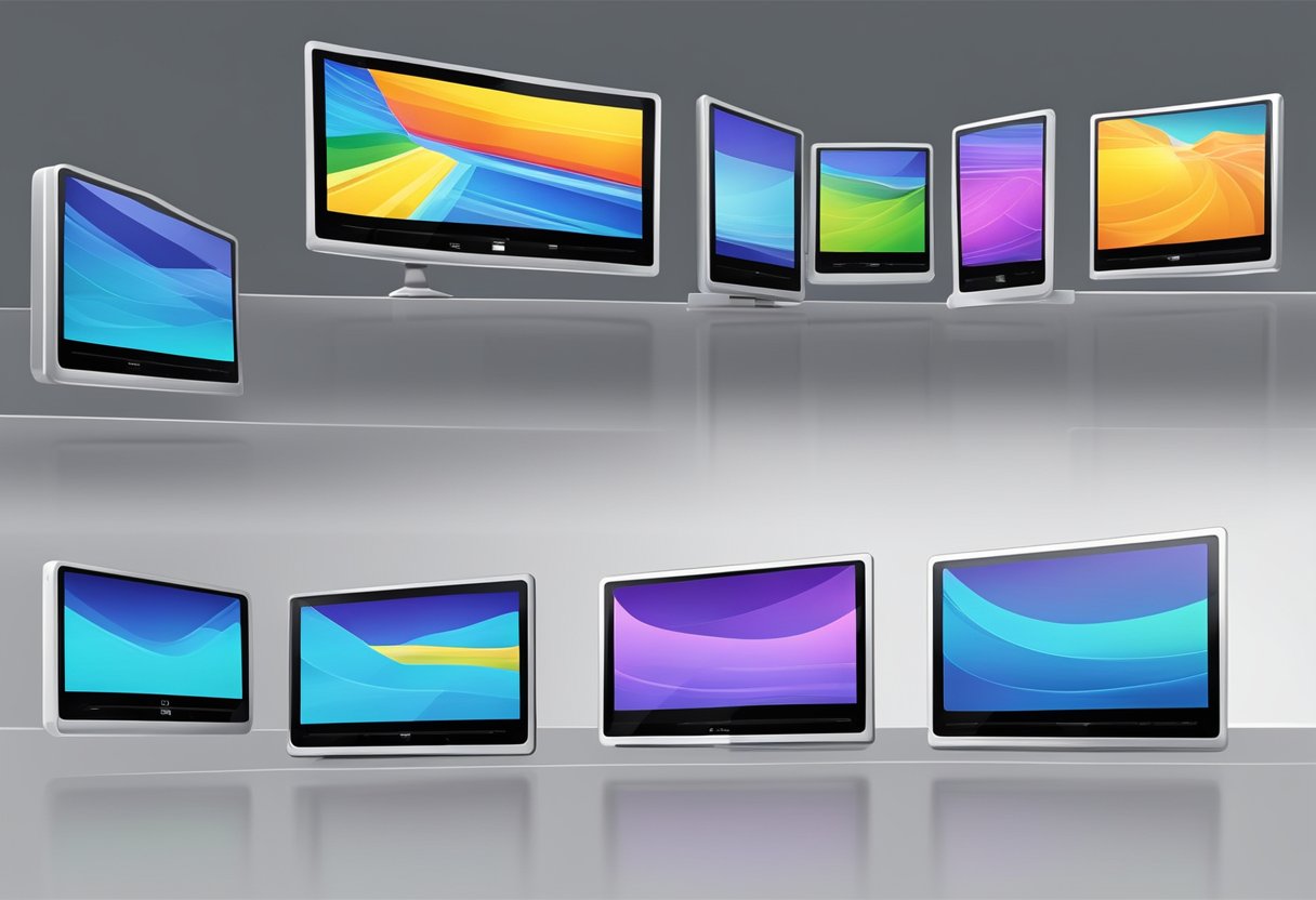 A row of sleek, modern LCD touch screens, each displaying vibrant colors and interactive graphics