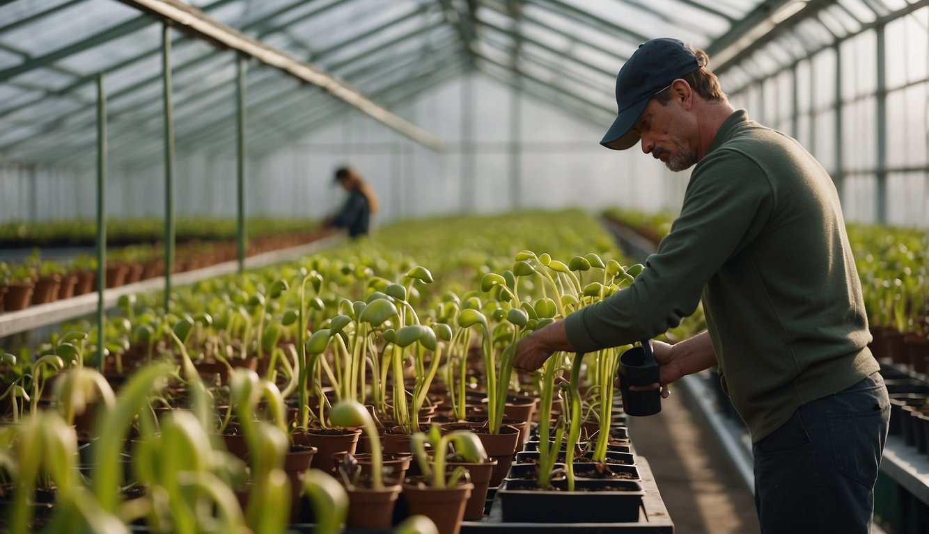 Pitcher plants are being carefully divided and potted in a bright, airy greenhouse.

A gardener labels each new plant with its species name
