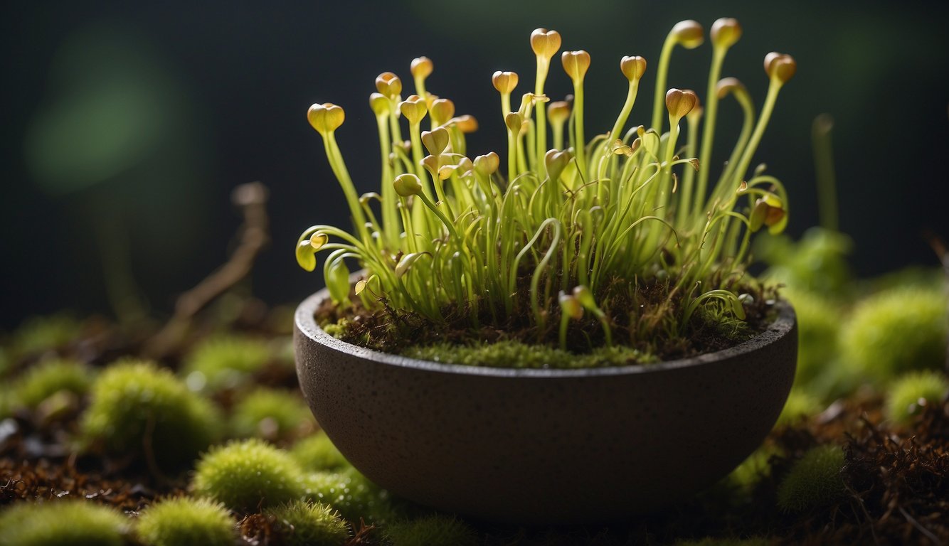 A close-up of a pitcher plant with multiple offshoots and new growth emerging from the base, surrounded by a mix of sphagnum moss and perlite in a well-draining pot