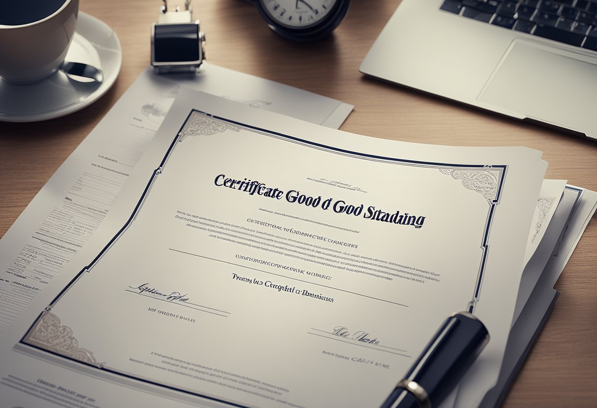 A certificate of good standing sits atop a cluttered desk, surrounded by legal documents and a laptop. The certificate is prominently displayed, symbolizing its importance in the business world