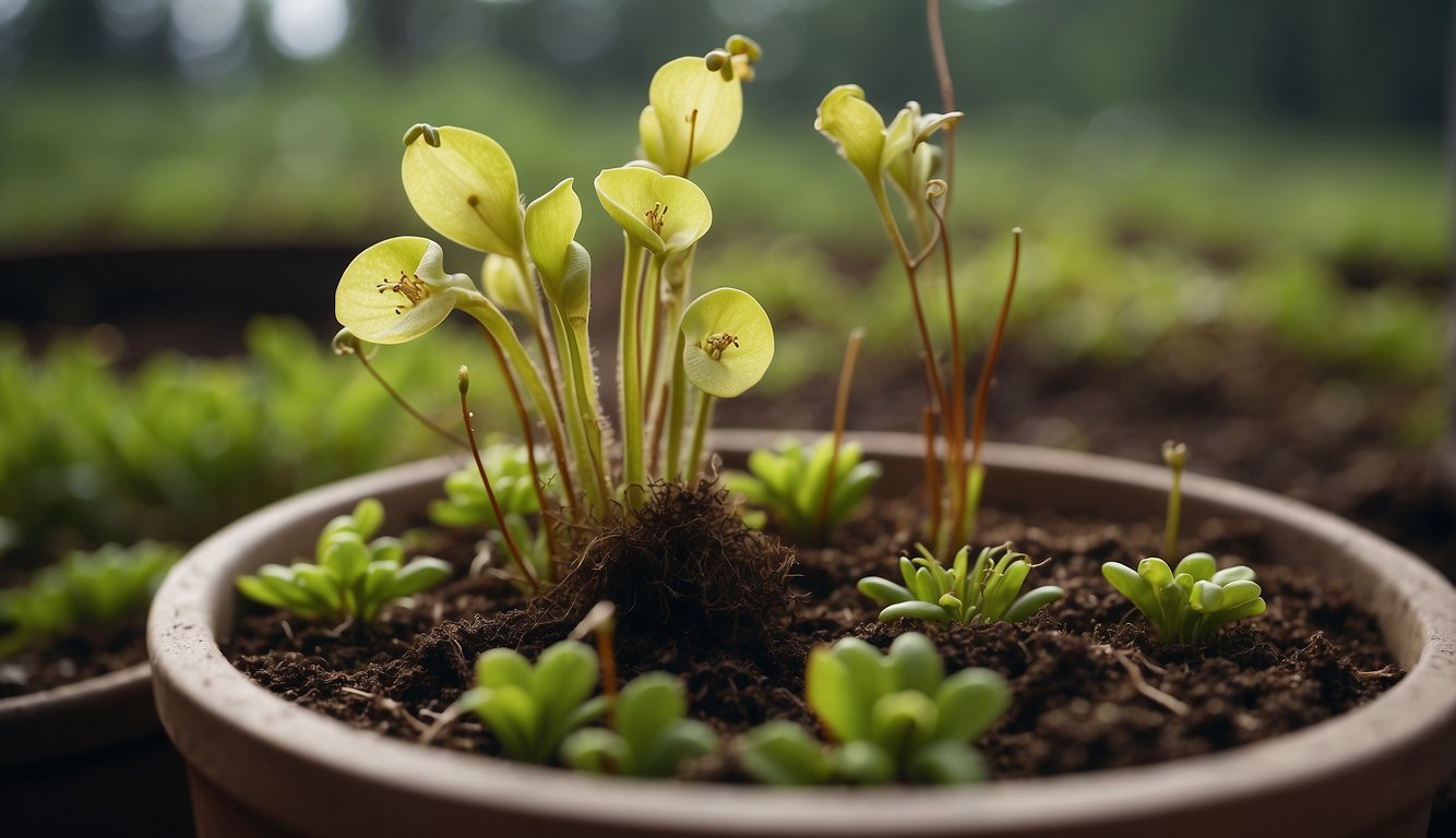 A close-up of a pitcher plant with multiple offshoots growing from the main stem, surrounded by a mix of peat moss and perlite in a well-draining pot