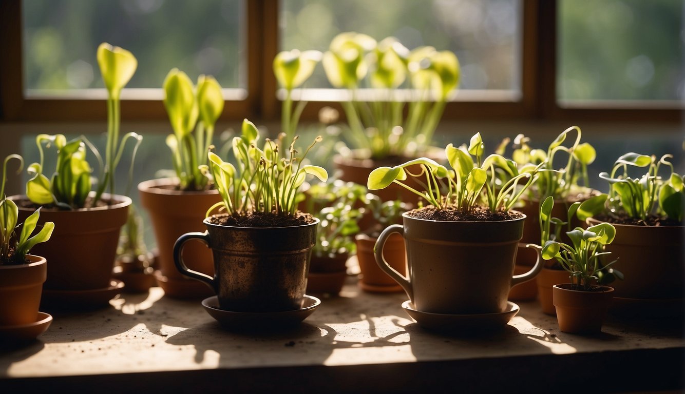 Pitcher plants surrounded by pots and gardening tools.

New shoots emerging from the soil. Bright sunlight streaming through a nearby window