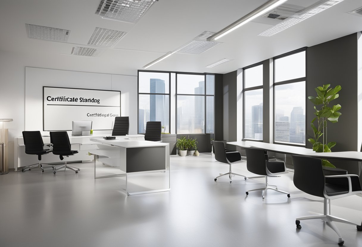 A bright, modern office space with a prominent "Certificate of Good Standing" displayed on the wall. A sense of professionalism and readiness for success