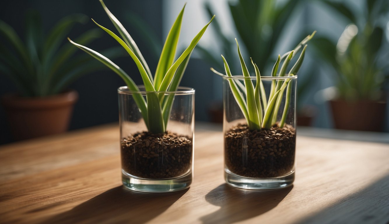 A snake plant cutting is placed in a glass of water, with roots starting to form.

Another cutting is shown being planted in soil