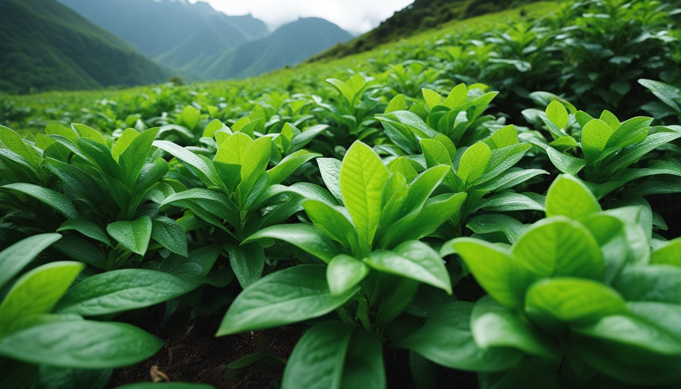 Lush green coca plants grow in the Andes mountains, their leaves glistening with dew
