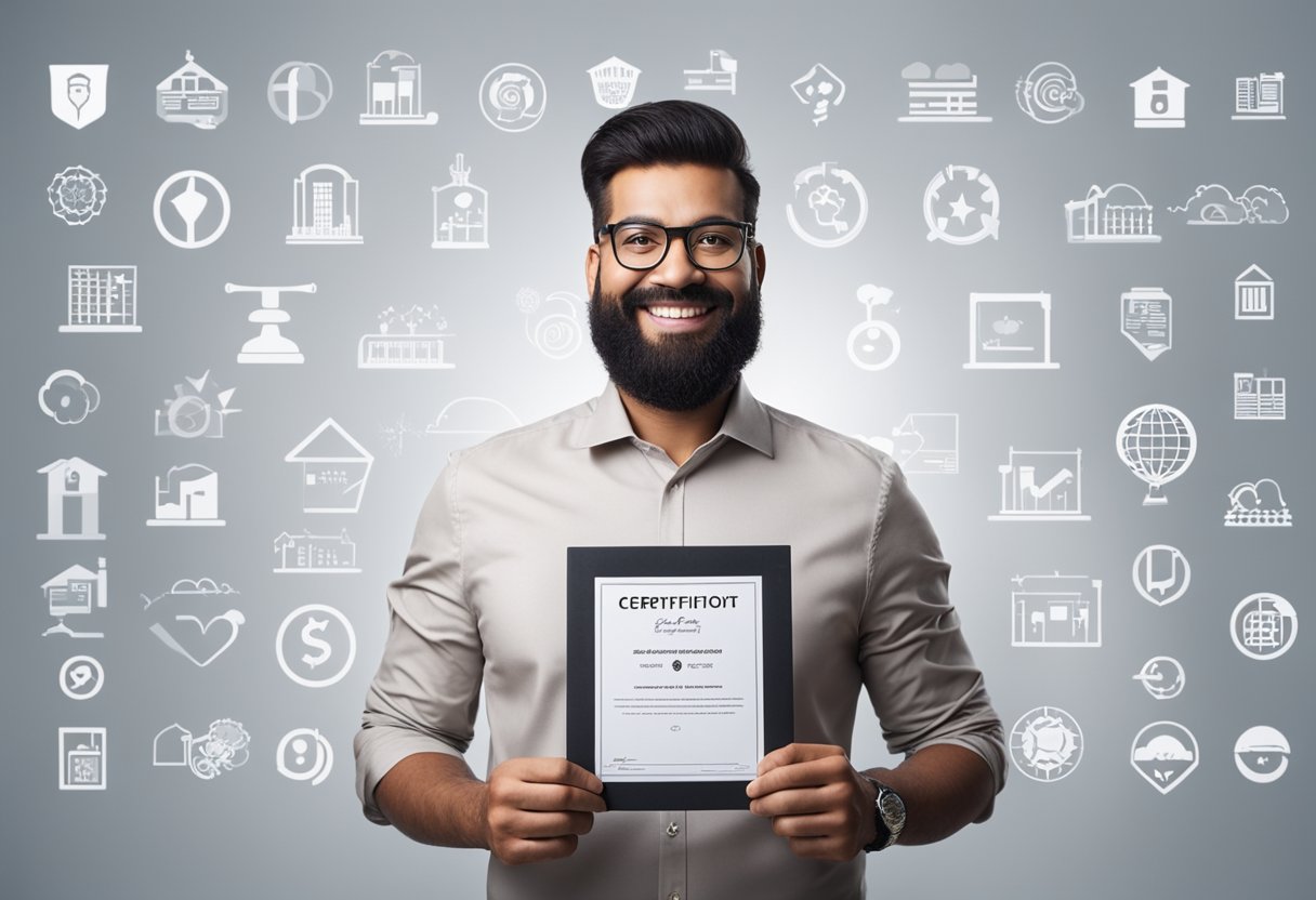 A business owner holds a Certificate of Good Standing with a confident smile, surrounded by symbols of success and readiness