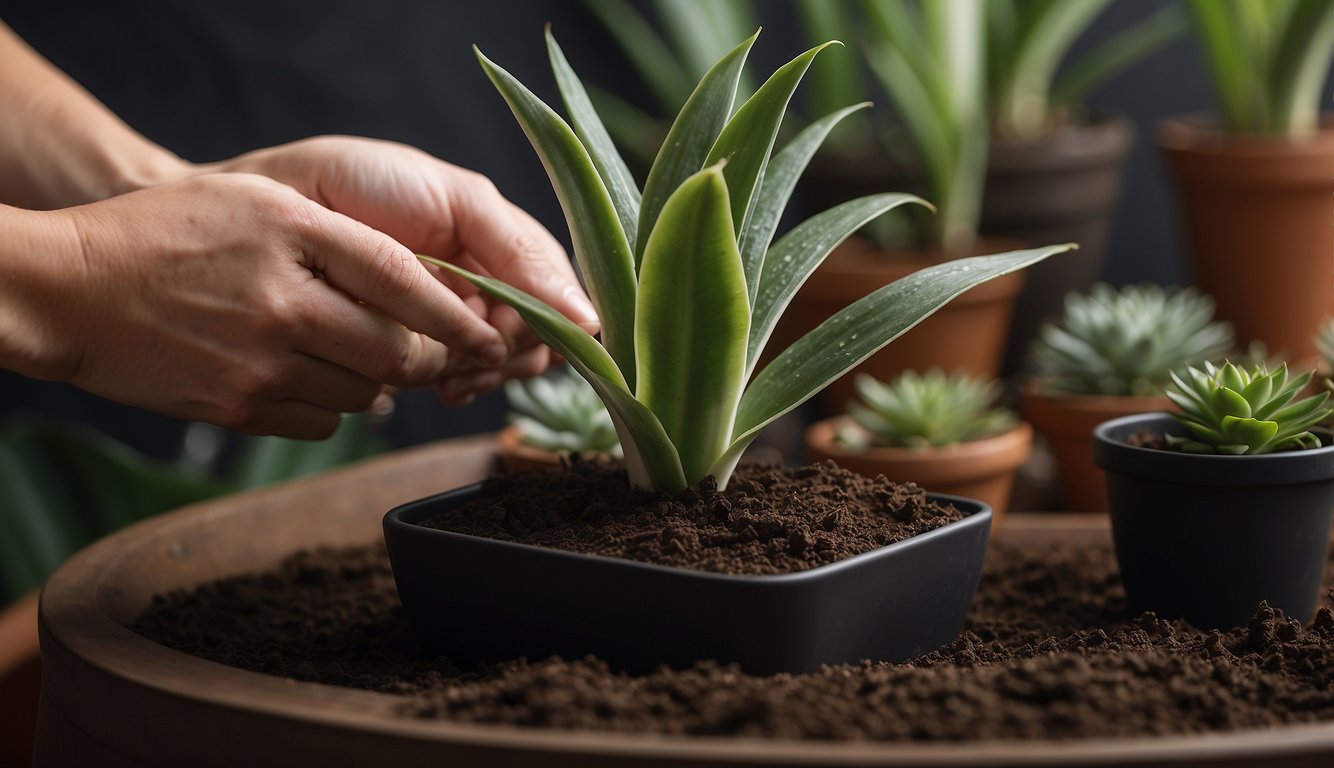 A hand holding a healthy Sansevieria leaf, cutting it at an angle.

The cutting is then placed in a pot with well-draining soil, and watered sparingly